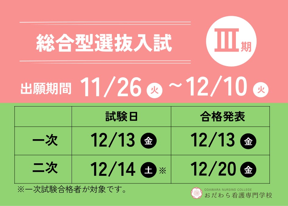 おだわら看護　総合選抜入試Ⅲ期　入試日程